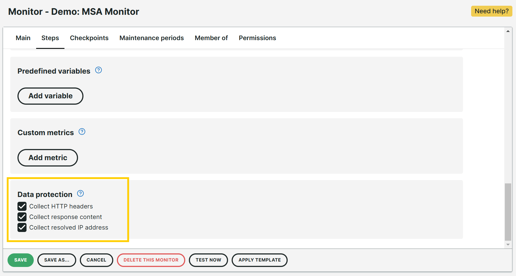 MSA Data protection checkbox