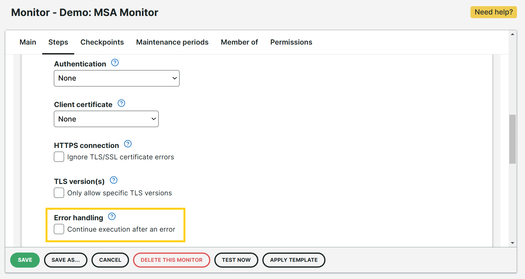 MSA Error handling checkbox