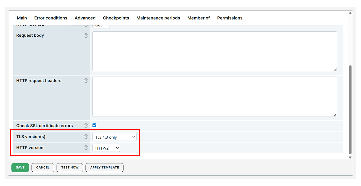 TLS and HTTP versions in HTTPS monitors