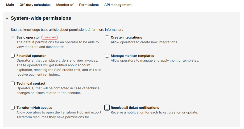 Operator permission to receive automatic email notifications for newly created tickets
