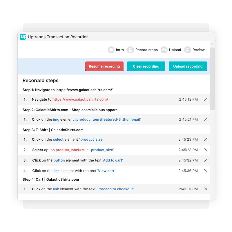 Uptrends Transaction Recorders records the steps of your transactions